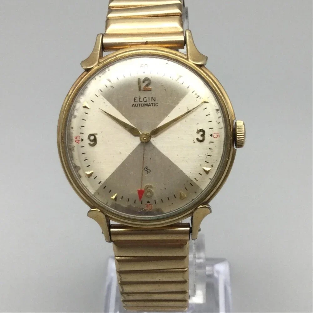 Vintage Elgin 607 Automatic Mens Watch 34mm 10K Gold Filled Case Stretch Band